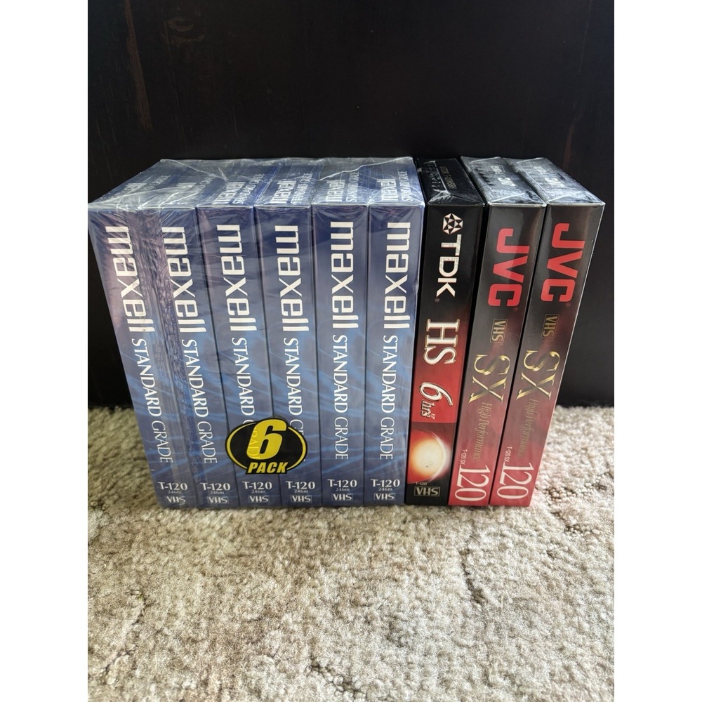 Lot of 9 Sealed Blank VHS Tapes Maxell TDK JVC T-120 6 Hours New Old Stock